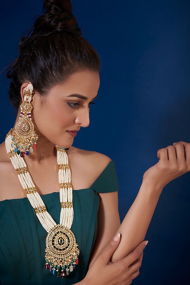 Gold Plated Navratna Long Necklace Set by Kiara at Pernia's Pop Up Shop