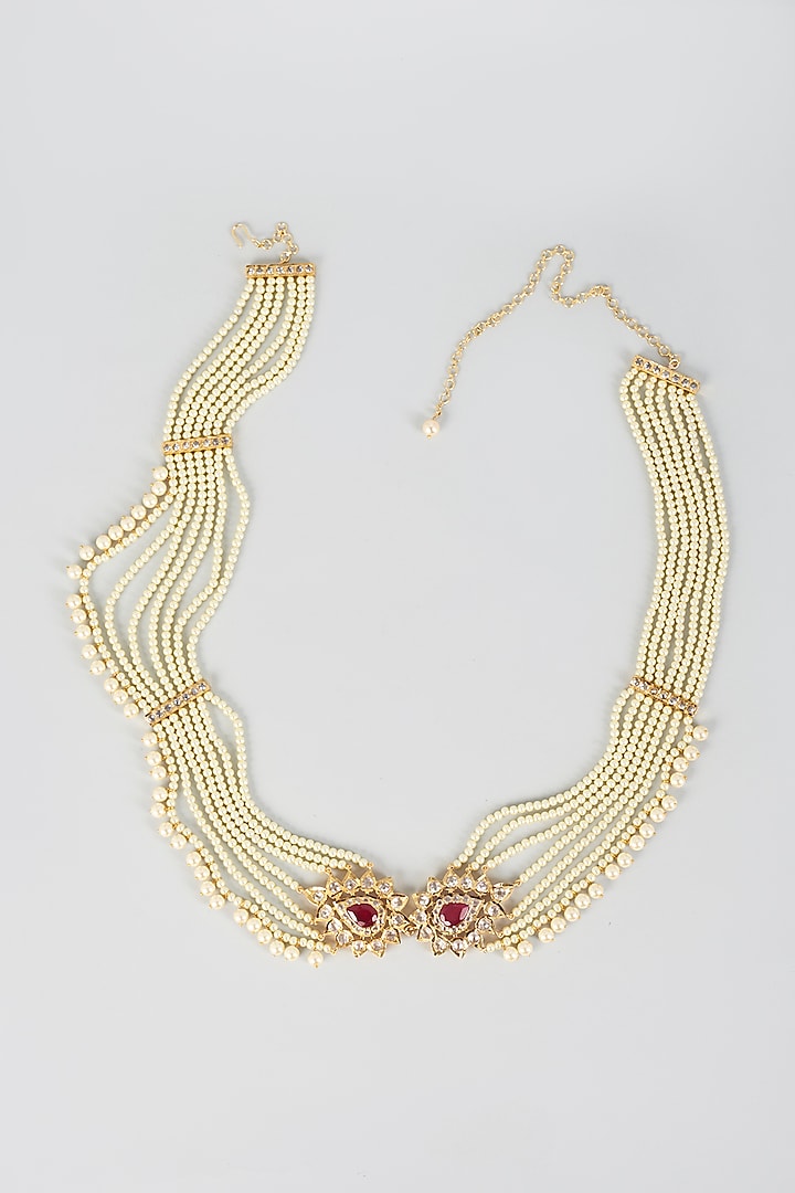 Gold Plated Kundan Polki & Pearls Waist Belt by Kiara