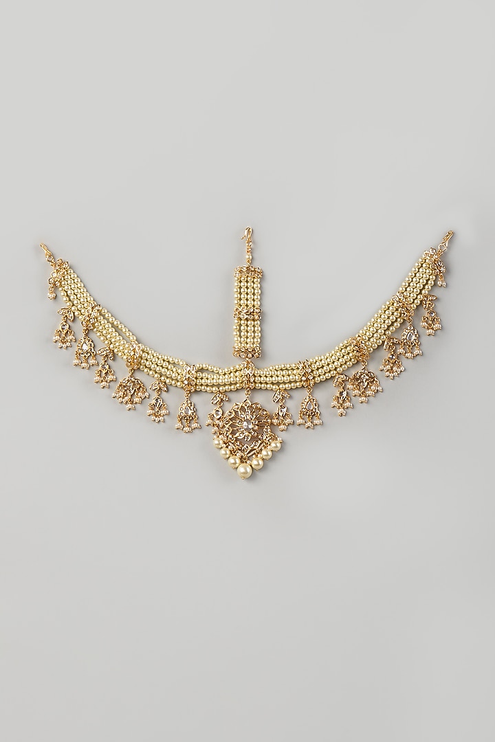 Gold Plated Kundan Polki & Pearls Mathapatti by Kiara at Pernia's Pop Up Shop