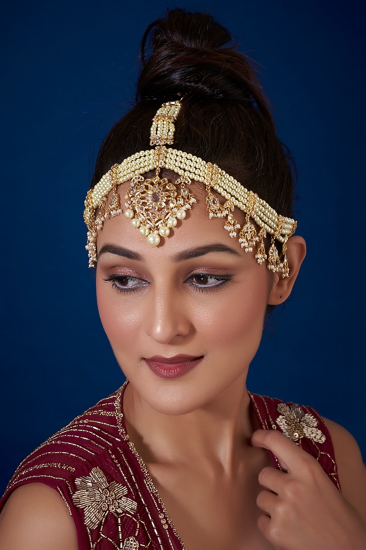 Gold Plated Kundan Polki & Pearls Mathapatti by Kiara at Pernia's Pop Up Shop