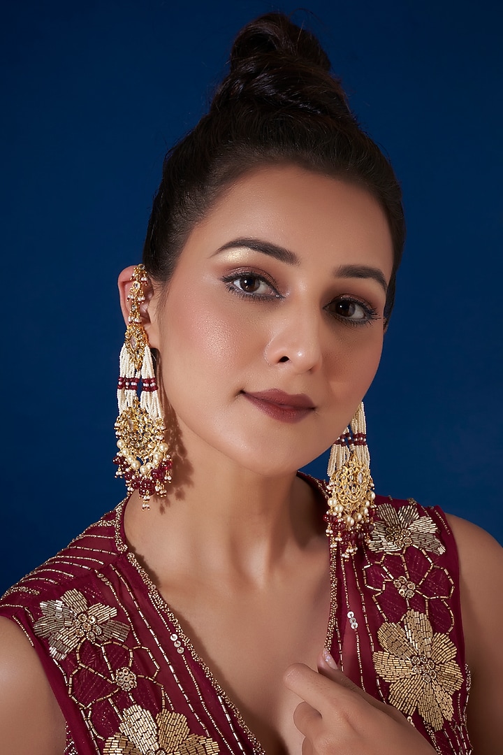 Gold Plated Kundan Polki & Pearls Chandbali Earrings by Kiara at Pernia's Pop Up Shop