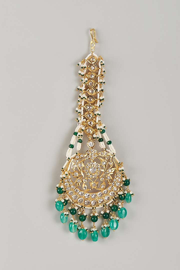 Gold Plated Kundan Polki & Green Onyx Maangtikka by Kiara at Pernia's Pop Up Shop