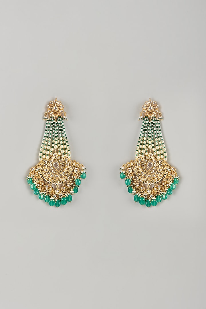 Gold Plated Kundan Polki & Green Onyx Chandbali Earrings by Kiara at Pernia's Pop Up Shop