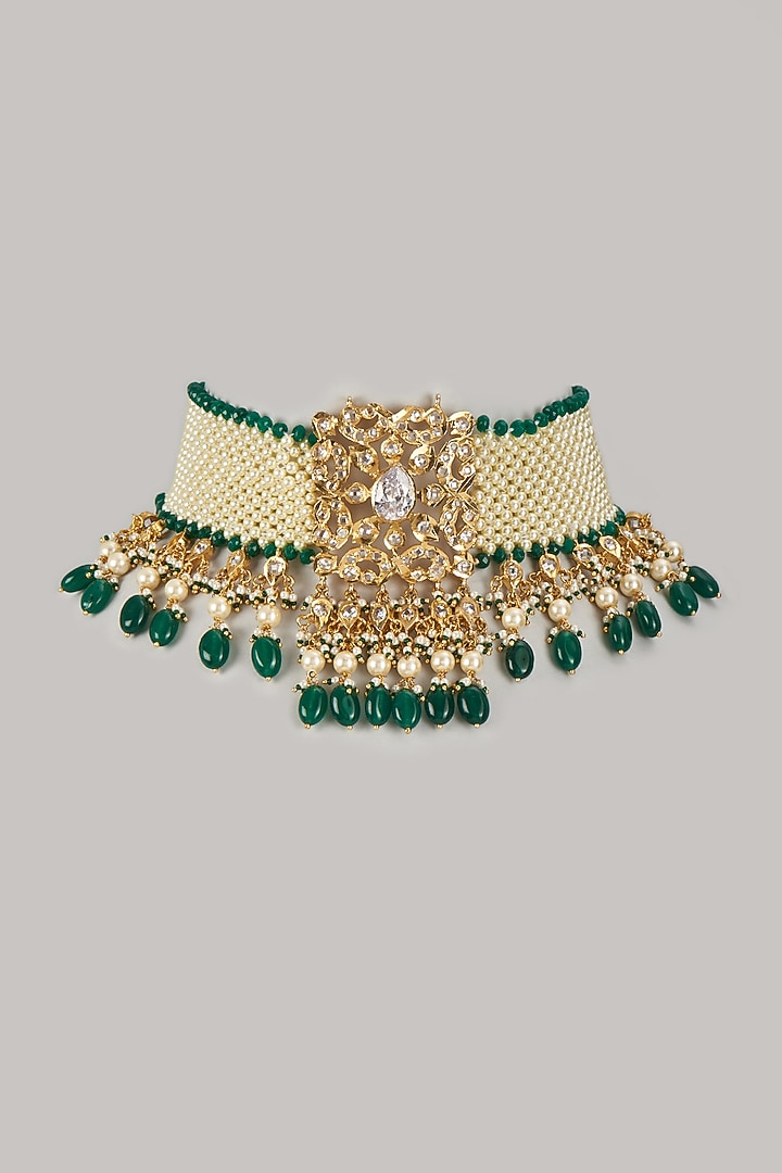 Gold Plated Kundan Polki & Green Beaded Choker Necklace by Kiara at Pernia's Pop Up Shop