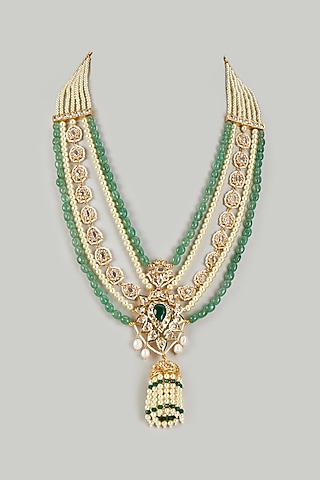 Gold Plated Kundan Polki & Green Onyx Long Necklace by Kiara