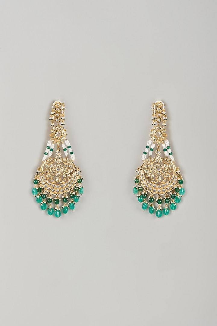 Gold Plated Kundan Polki & Green Onyx Chandbali Earrings by Kiara at Pernia's Pop Up Shop