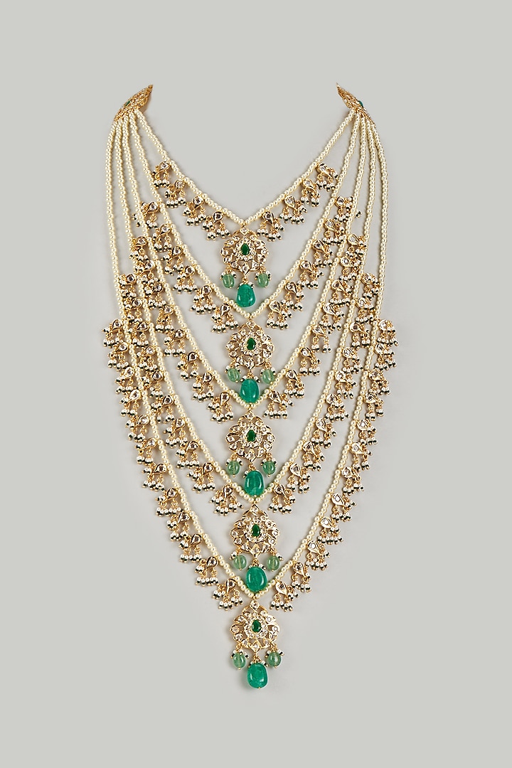 Gold Plated Kundan Polki & Green Beaded Long Necklace by Kiara at Pernia's Pop Up Shop