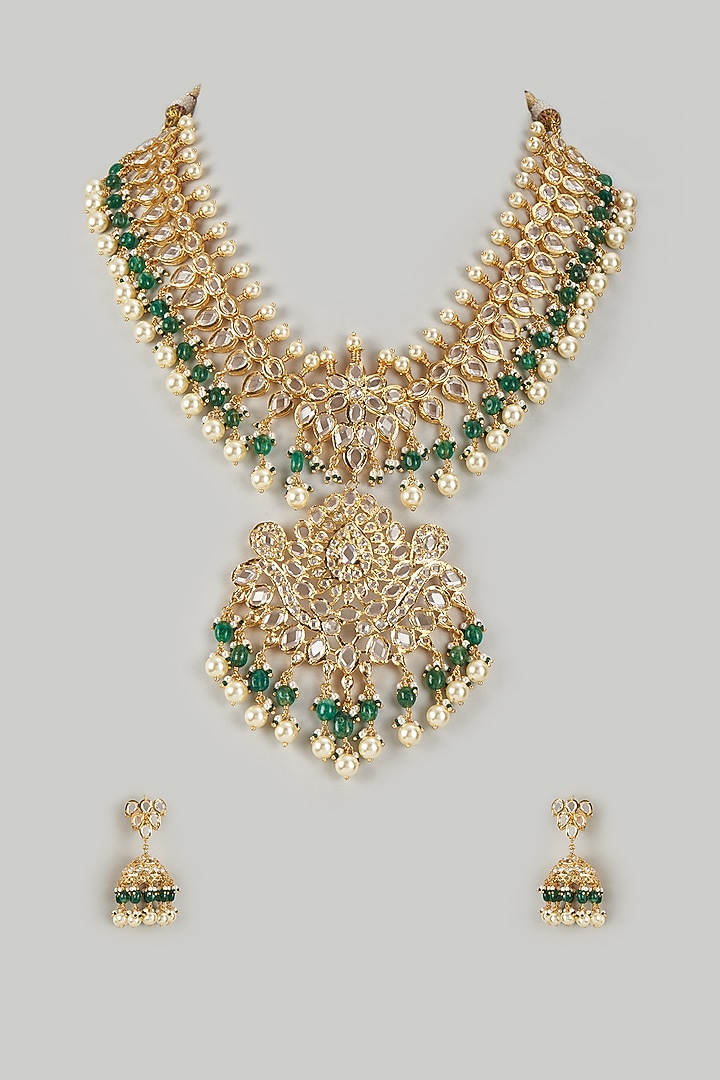 Gold Plated Kundan Polki & Green Beaded Choker Necklace Set by Kiara at Pernia's Pop Up Shop