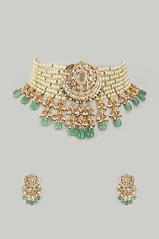 Gold Plated Kundan Polki & Green Beaded Choker Necklace Set by Kiara