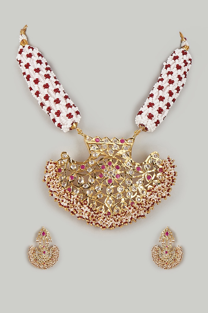 Gold Plated Kundan Polki & Red Onyx Choker Necklace Set by Kiara at Pernia's Pop Up Shop