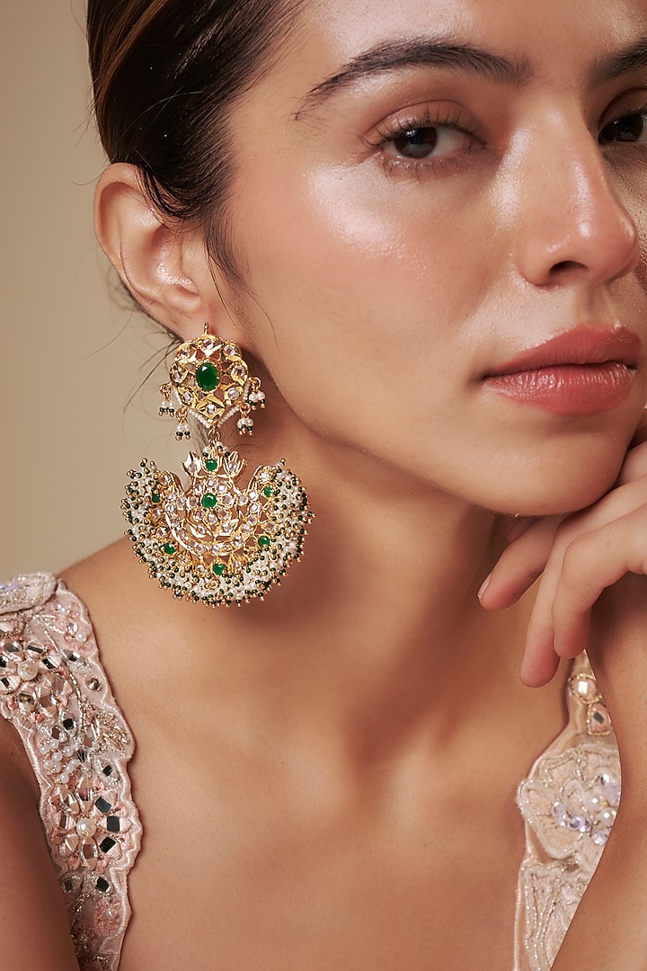 Gold Plated Kundan Polki & Green Quartz Chandbali Earrings by Kiara at Pernia's Pop Up Shop