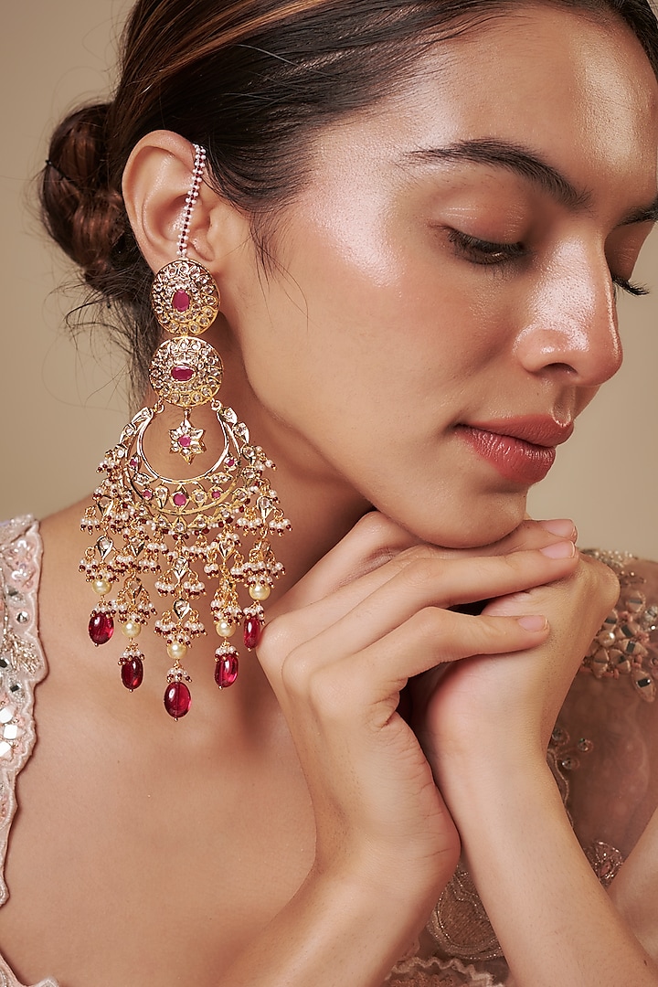 Gold Plated Kundan Polki & Red Stone Chandbali Earrings by Kiara at Pernia's Pop Up Shop