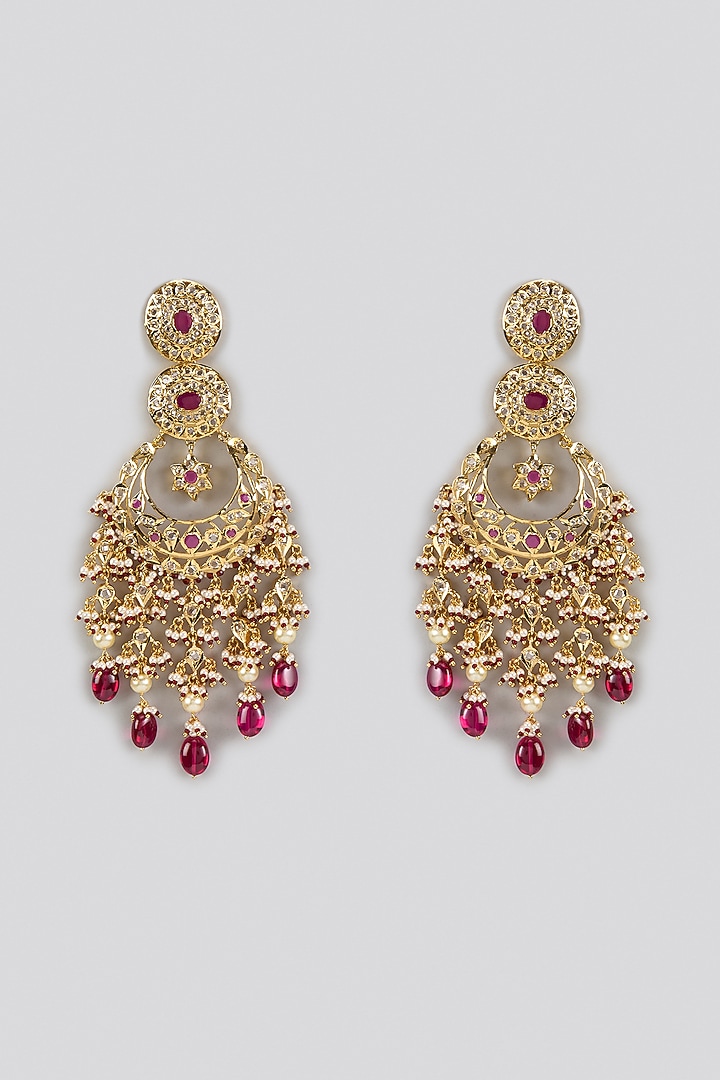 Gold Plated Kundan Polki & Red Stone Chandbali Earrings by Kiara at Pernia's Pop Up Shop