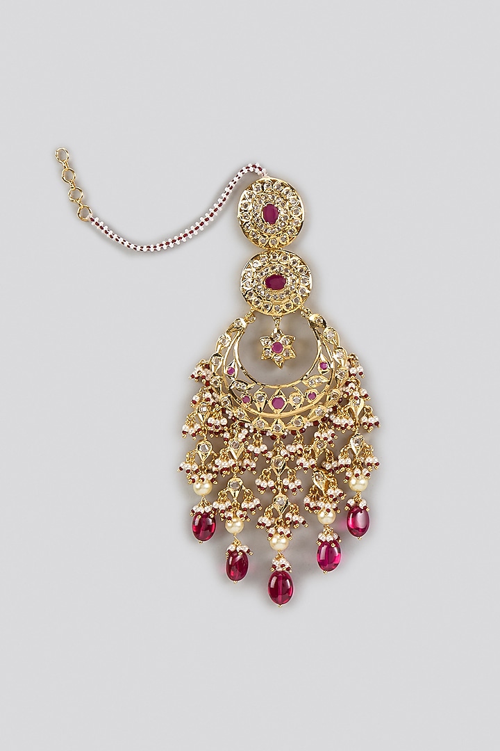 Gold Plated Kundan Polki & Red Stone Chandbali Earrings by Kiara at Pernia's Pop Up Shop