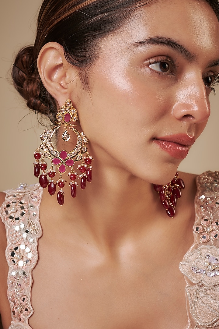 Gold Plated Kundan Polki & Red Pearl Chandbali Earrings by Kiara at Pernia's Pop Up Shop