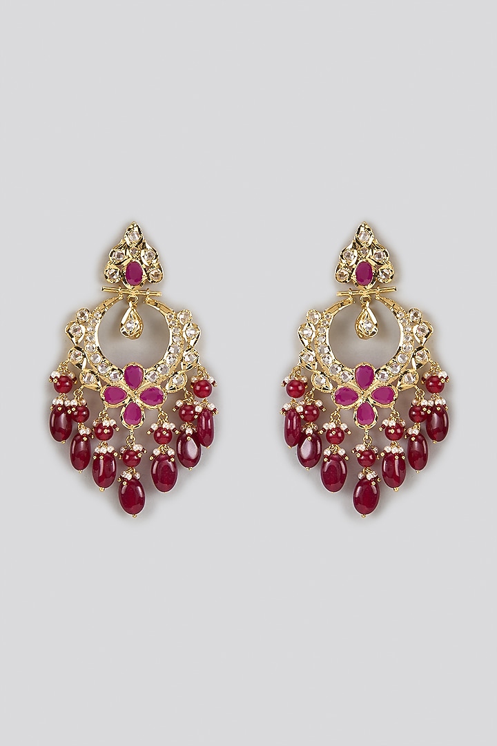 Gold Plated Kundan Polki & Red Pearl Chandbali Earrings by Kiara at Pernia's Pop Up Shop