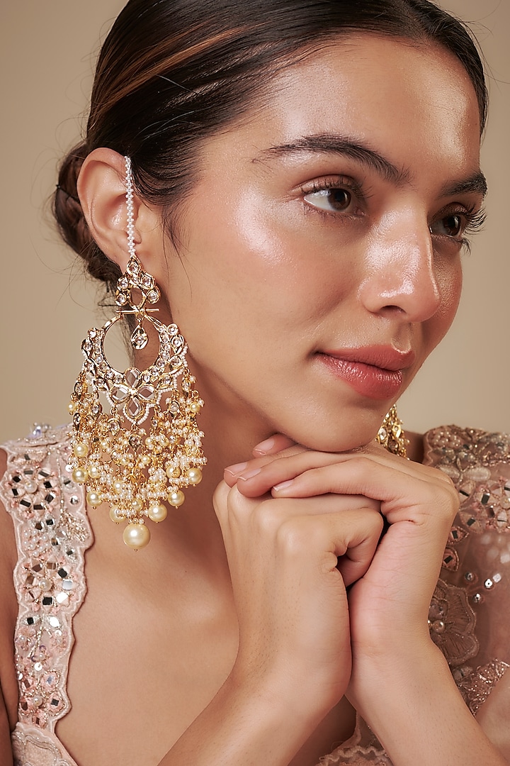 Gold Plated Kundan Polki & Pearl Chandbali Earrings by Kiara at Pernia's Pop Up Shop