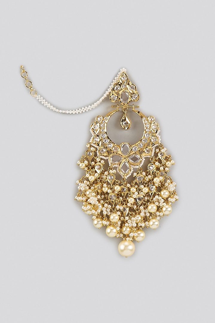 Gold Plated Kundan Polki & Pearl Chandbali Earrings by Kiara at Pernia's Pop Up Shop