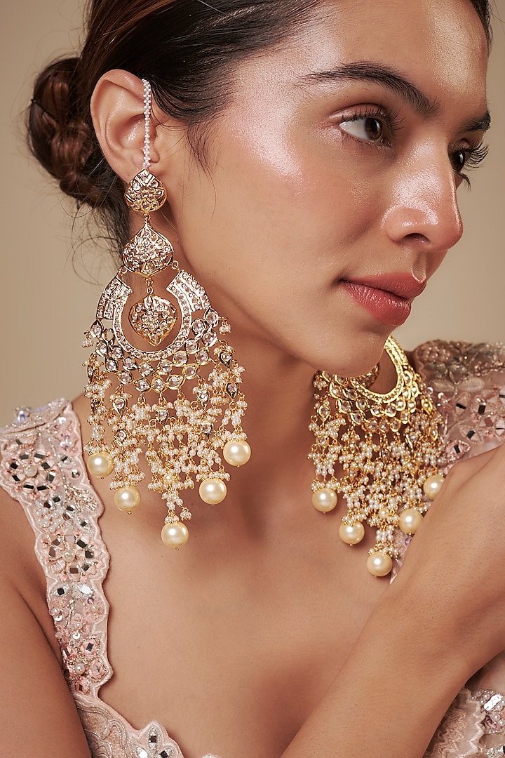 Gold Plated Kundan Polki & White Stone Chandbali Earrings by Kiara at Pernia's Pop Up Shop