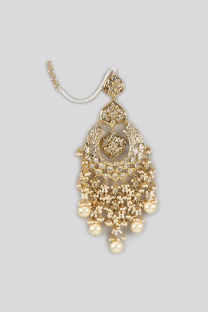 Gold Plated Kundan Polki & White Stone Chandbali Earrings by Kiara at Pernia's Pop Up Shop