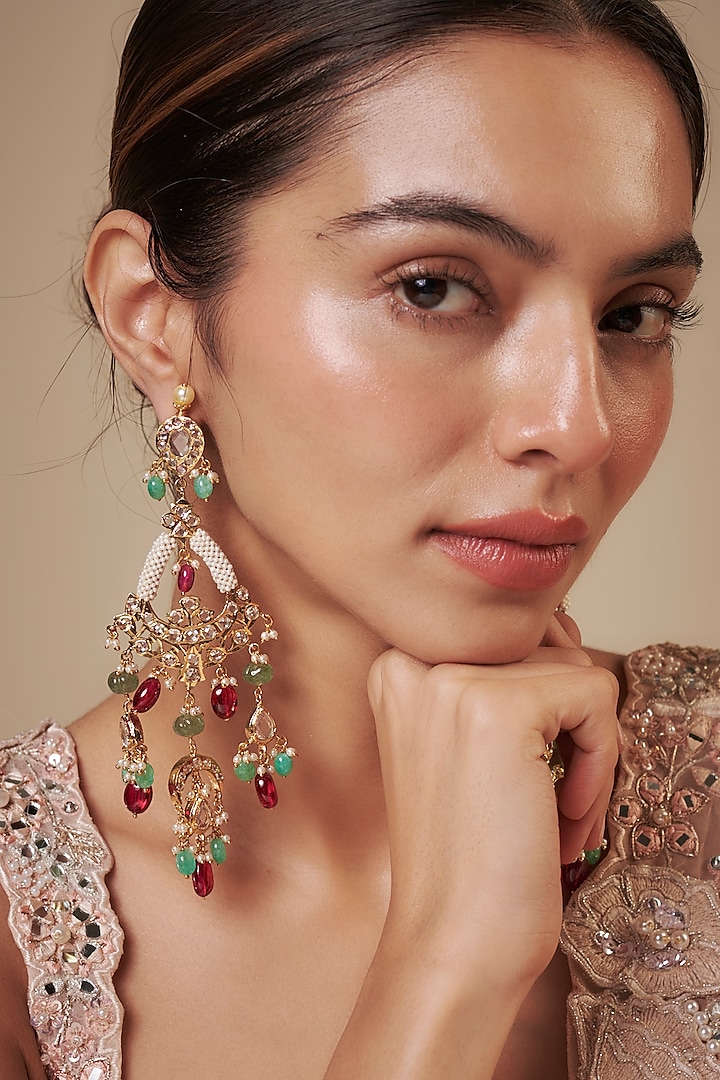 Gold Plated Kundan Polki & Pearl Chandbali Earrings by Kiara at Pernia's Pop Up Shop