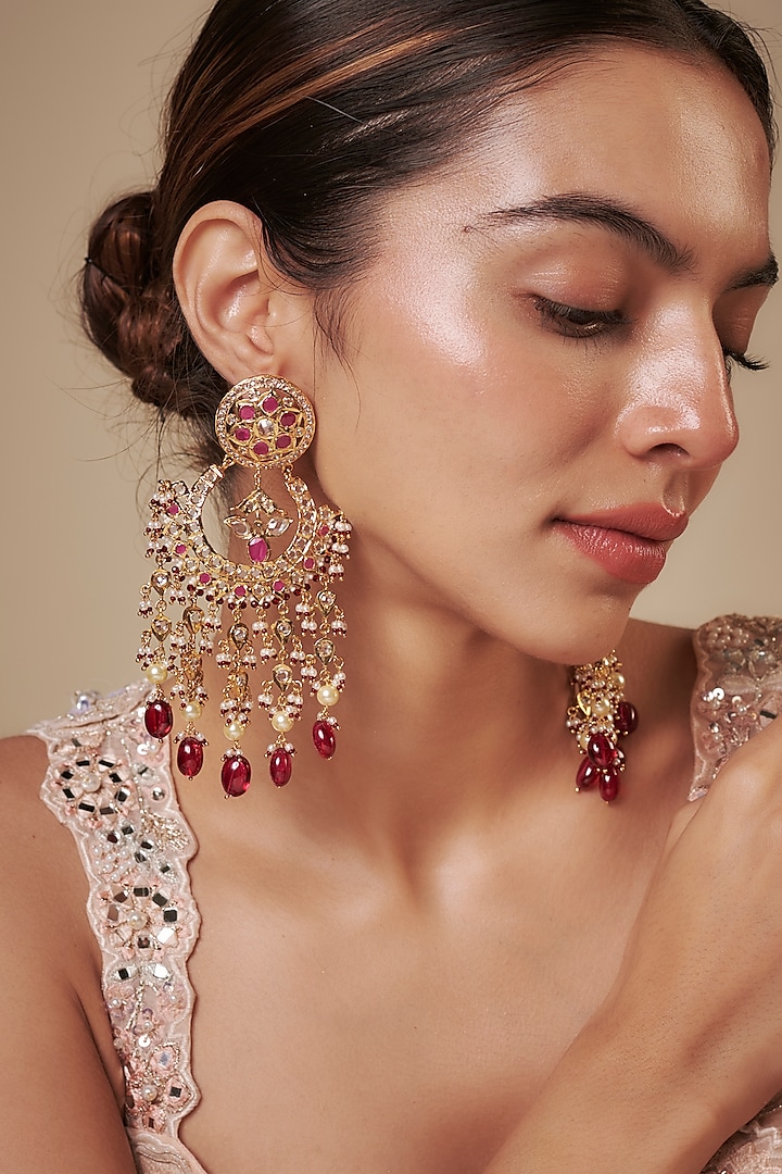 Gold Plated Kundan Polki & Pearl Chandbali Earrings by Kiara at Pernia's Pop Up Shop