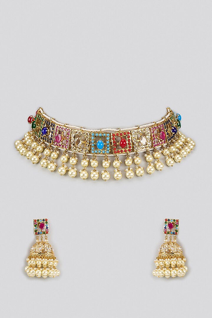 Gold Plated Multi-Colored Stone & Pearl Choker Necklace Set by Kiara at Pernia's Pop Up Shop