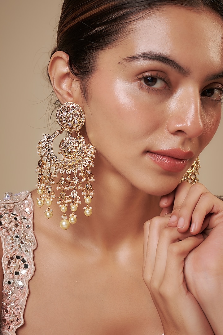 Gold Plated Kundan Polki & Pearl Chandbali Earrings by Kiara at Pernia's Pop Up Shop