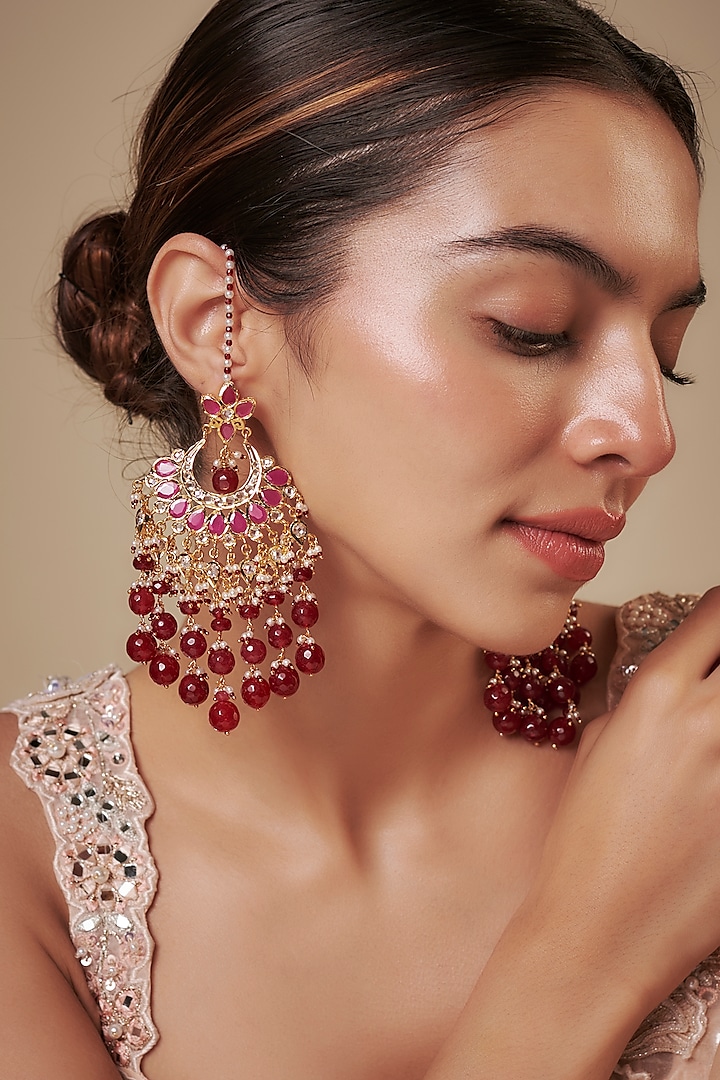 Gold Plated Kundan Polki & Red Onyx Chandbali Earrings by Kiara at Pernia's Pop Up Shop