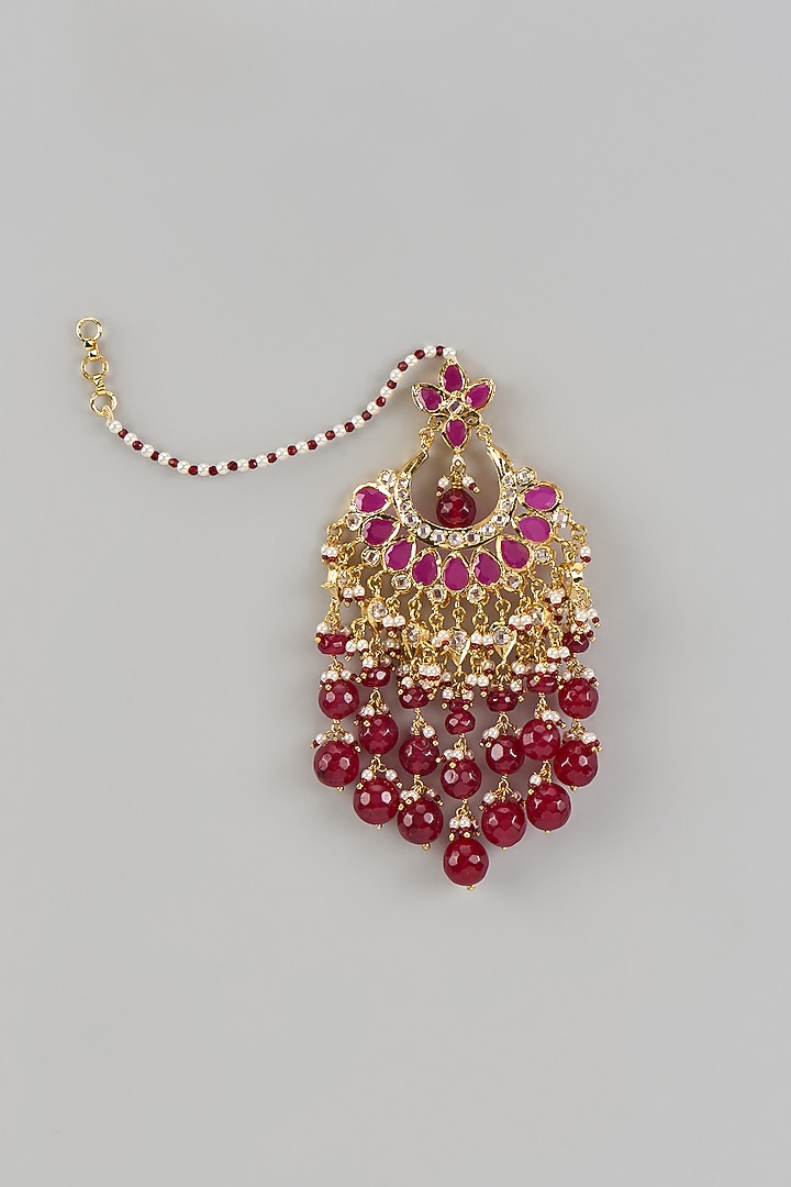 Gold Plated Kundan Polki & Red Onyx Chandbali Earrings by Kiara at Pernia's Pop Up Shop