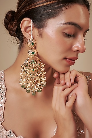 Gold Plated Kundan Polki & Green Stone Chandbali Earrings by Kiara