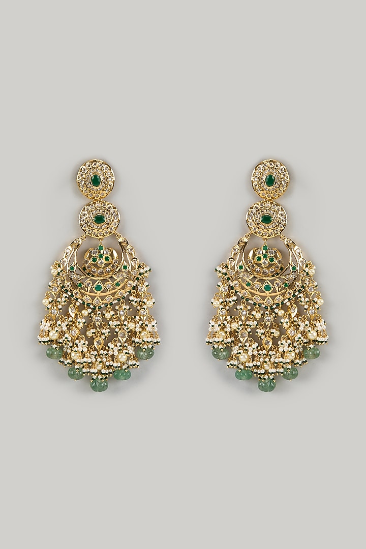 Gold Plated Kundan Polki & Green Stone Chandbali Earrings by Kiara at Pernia's Pop Up Shop