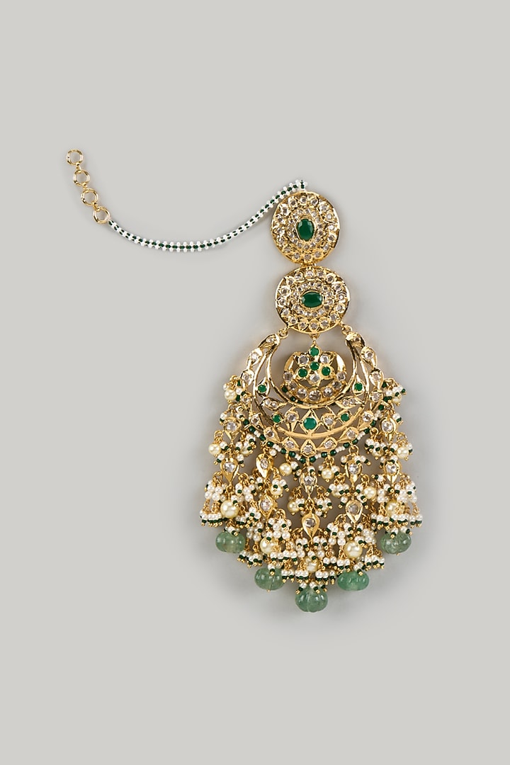 Gold Plated Kundan Polki & Green Stone Chandbali Earrings by Kiara at Pernia's Pop Up Shop