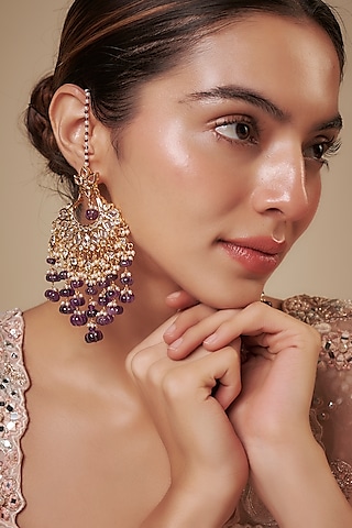 Gold Plated Kundan Polki & Purple Onyx Chandbali Earrings by Kiara