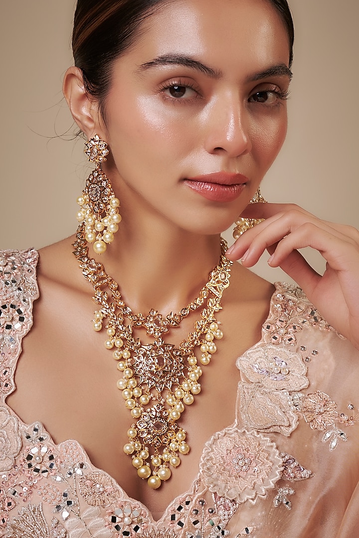 Gold Plated Kundan Polki & Beaded Drop Layered Necklace Set by Kiara at Pernia's Pop Up Shop