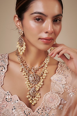Gold Plated Kundan Polki & Beaded Drop Layered Necklace Set by Kiara