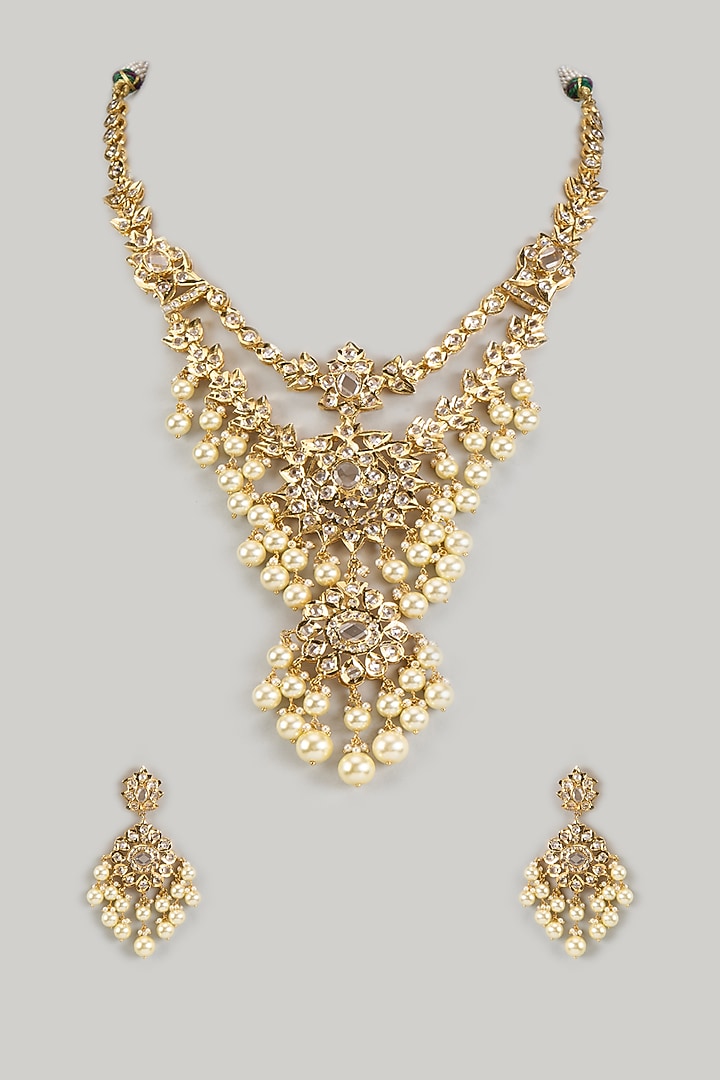 Gold Plated Kundan Polki & Beaded Drop Layered Necklace Set by Kiara at Pernia's Pop Up Shop