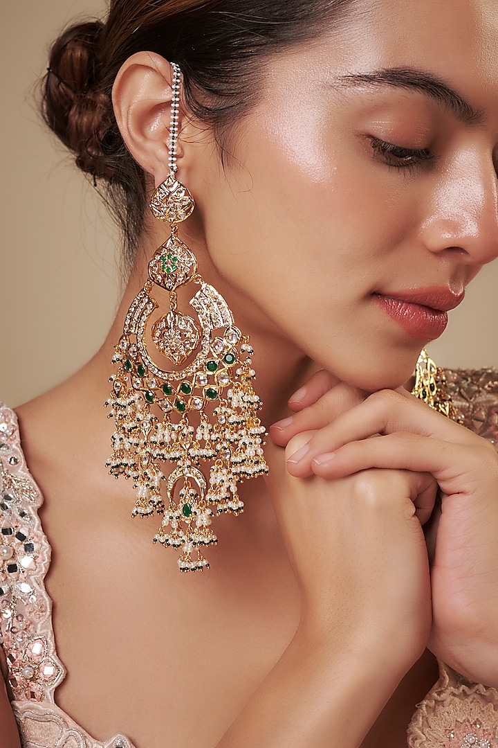 Gold Plated Kundan Polki & Green Stone Chandbali Earrings by Kiara at Pernia's Pop Up Shop