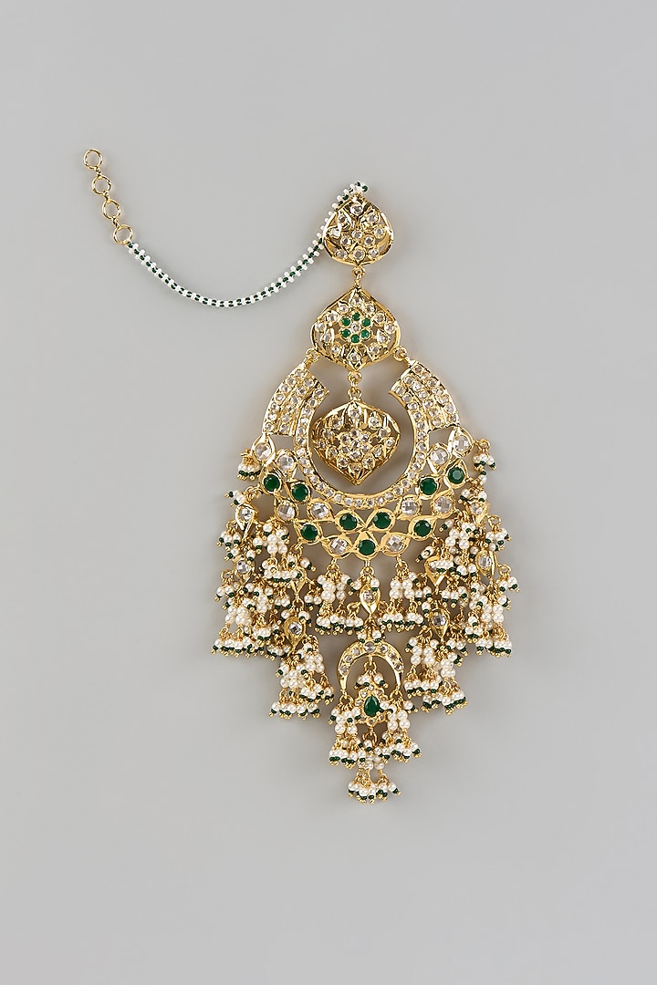 Gold Plated Kundan Polki & Green Stone Chandbali Earrings by Kiara at Pernia's Pop Up Shop