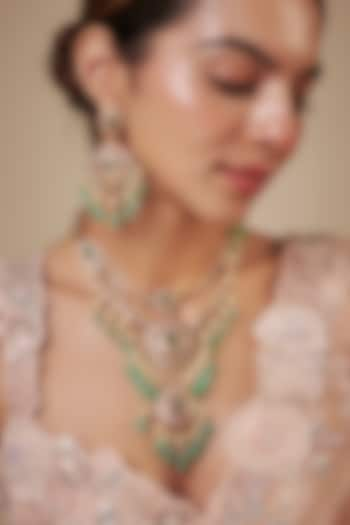 Gold Plated Kundan Polki & Green Beaded Drop Layered Necklace Set by Kiara at Pernia's Pop Up Shop