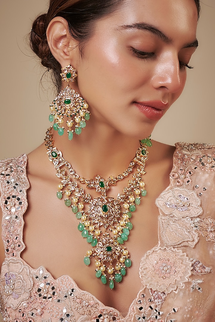 Gold Plated Kundan Polki & Green Beaded Drop Layered Necklace Set by Kiara at Pernia's Pop Up Shop