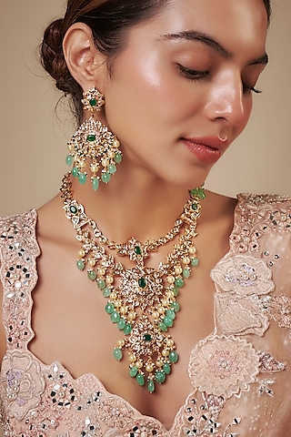 Gold Plated Kundan Polki & Green Beaded Drop Layered Necklace Set by Kiara