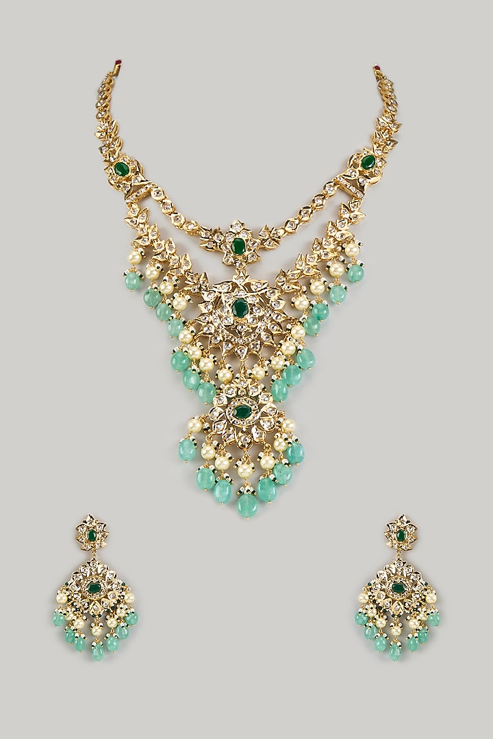 Gold Plated Kundan Polki & Green Beaded Drop Layered Necklace Set by Kiara at Pernia's Pop Up Shop