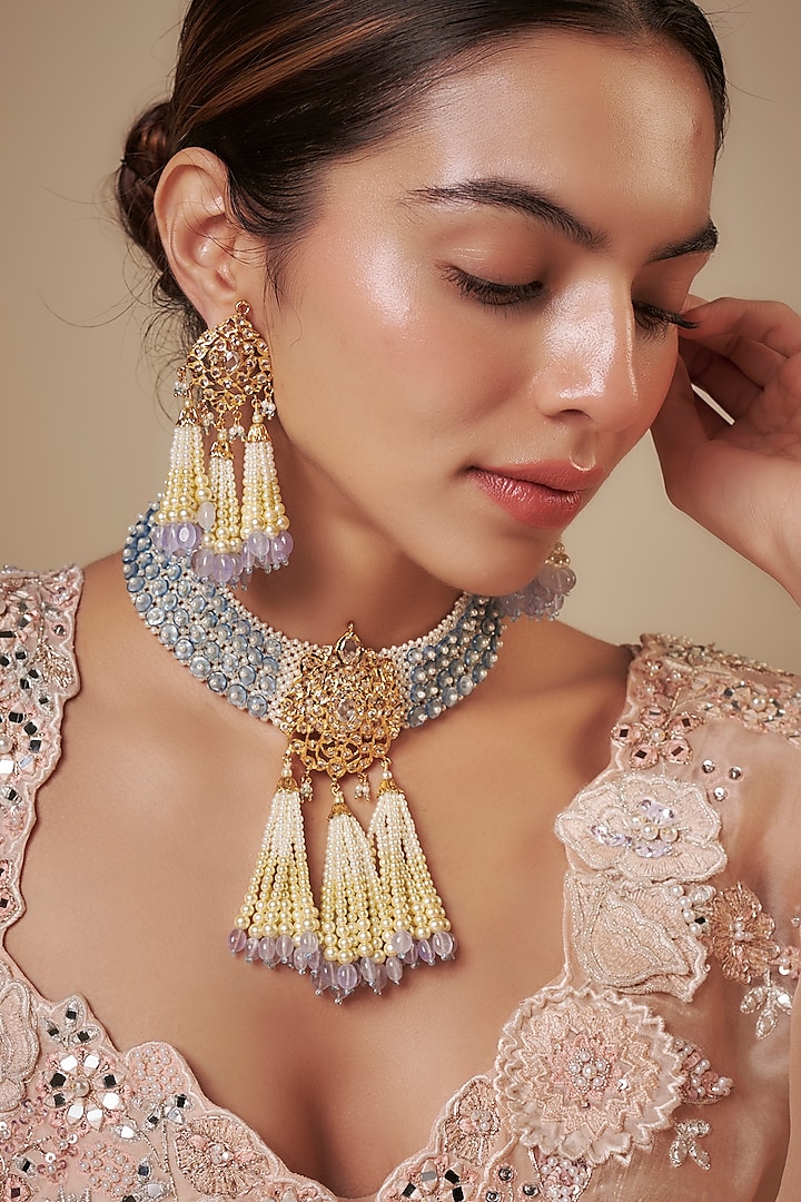 Gold Plated Kundan Polki & Blue Onyx Necklace Set by Kiara at Pernia's Pop Up Shop