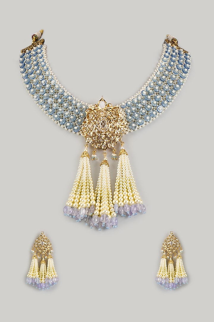 Gold Plated Kundan Polki & Blue Onyx Necklace Set by Kiara at Pernia's Pop Up Shop
