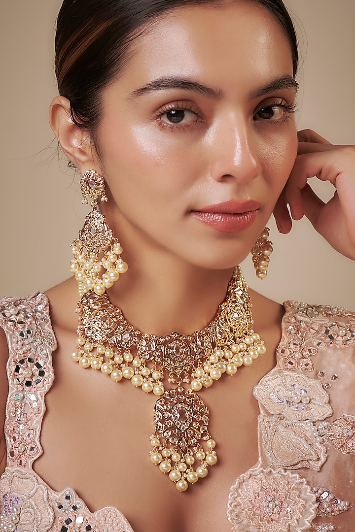 Gold Plated Kundan Polki & White Pearl Necklace Set by Kiara at Pernia's Pop Up Shop