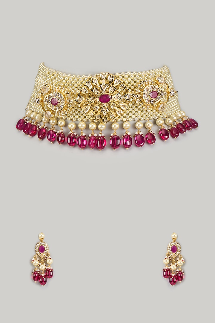 Gold Plated Kundan Polki & Red Beaded Choker Necklace Set by Kiara at Pernia's Pop Up Shop