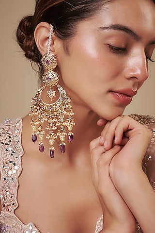Gold Plated Kundan Polki & Purple Stone Chandbali Earrings by Kiara
