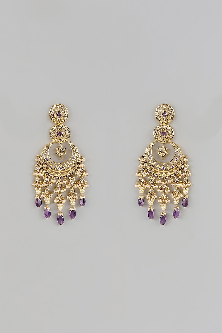 Gold Plated Kundan Polki & Purple Stone Chandbali Earrings by Kiara at Pernia's Pop Up Shop