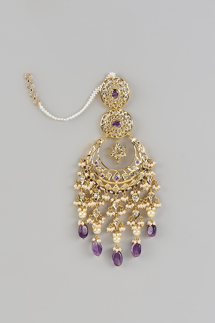 Gold Plated Kundan Polki & Purple Stone Chandbali Earrings by Kiara at Pernia's Pop Up Shop